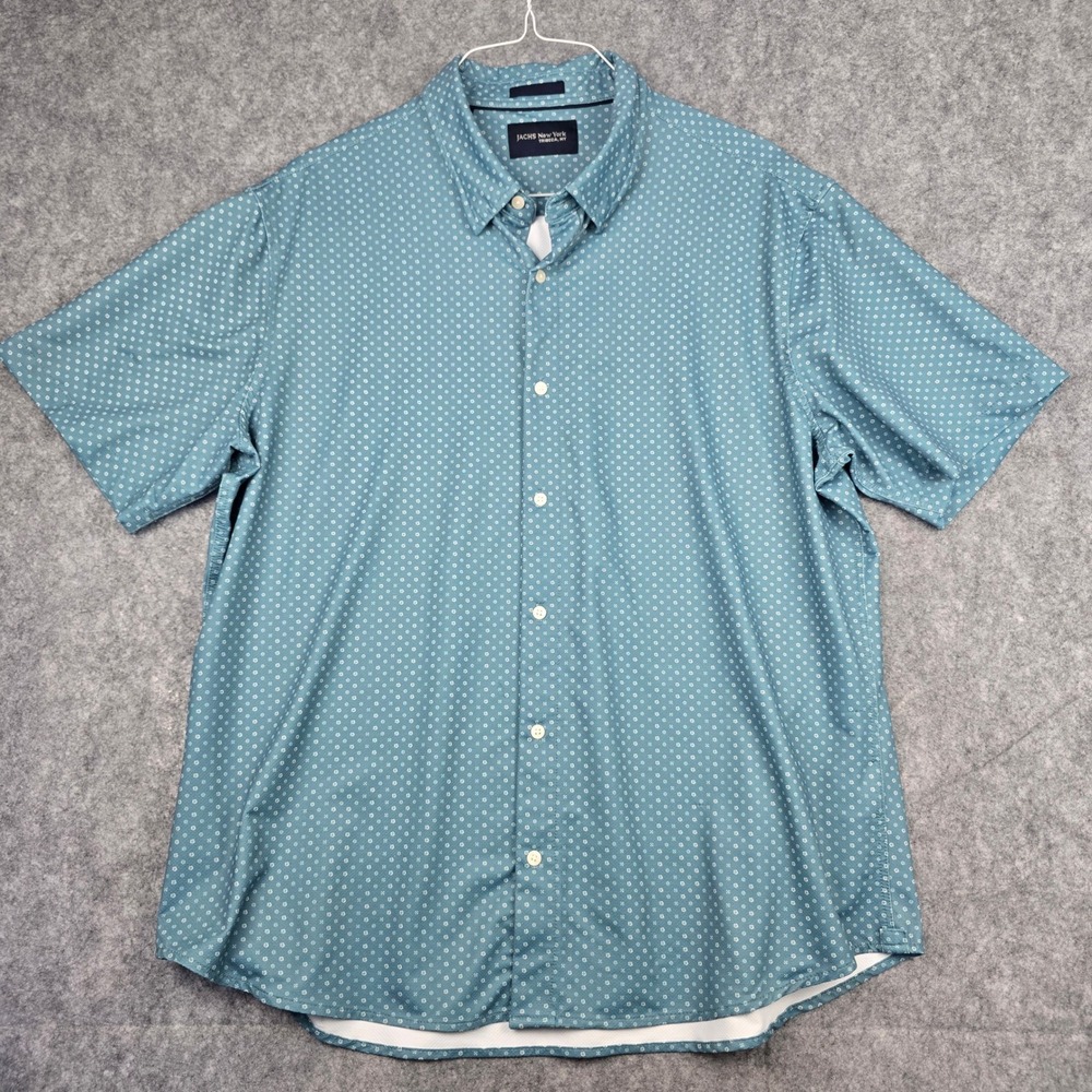 JACHS New York Shirt Mens XXL Teal Blue Short Sleeve Geometric Print Stretch - Picture 2 of 9